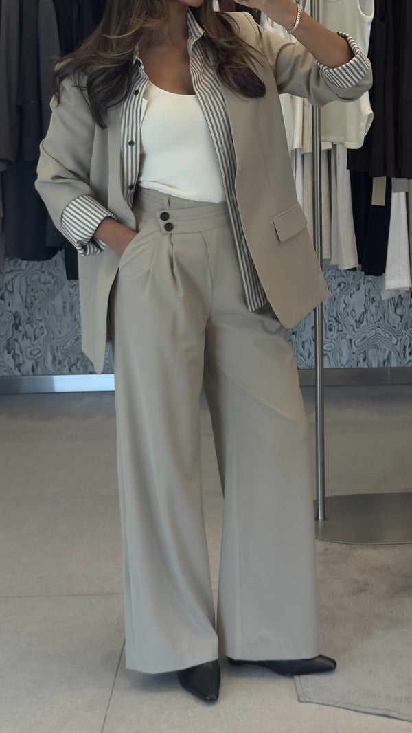 Striped Button Neck Blazer + Pants Set