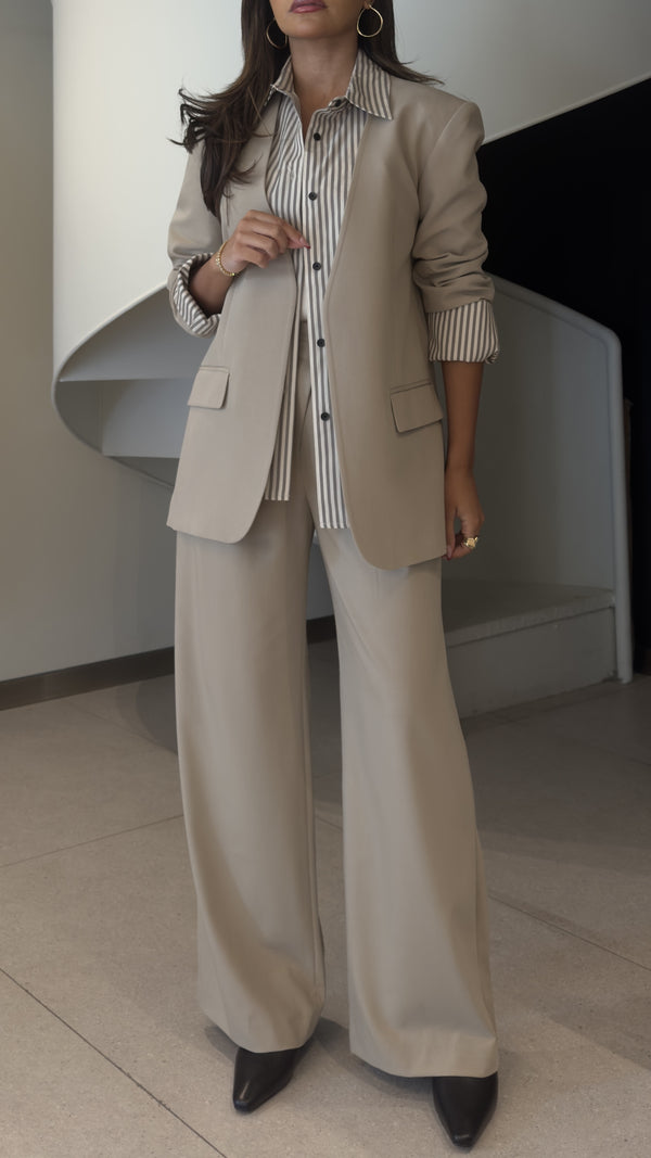 Striped Button Neck Blazer + Pants Set