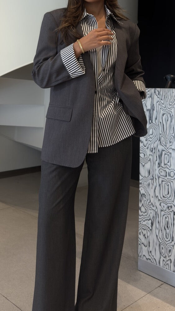 Striped Button Neck Blazer + Pants Set