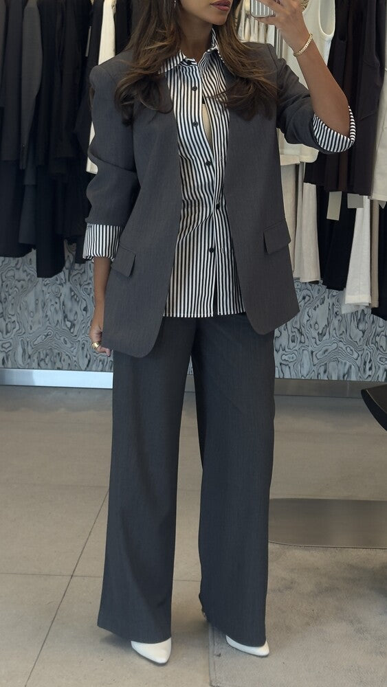 Striped Button Neck Blazer + Pants Set