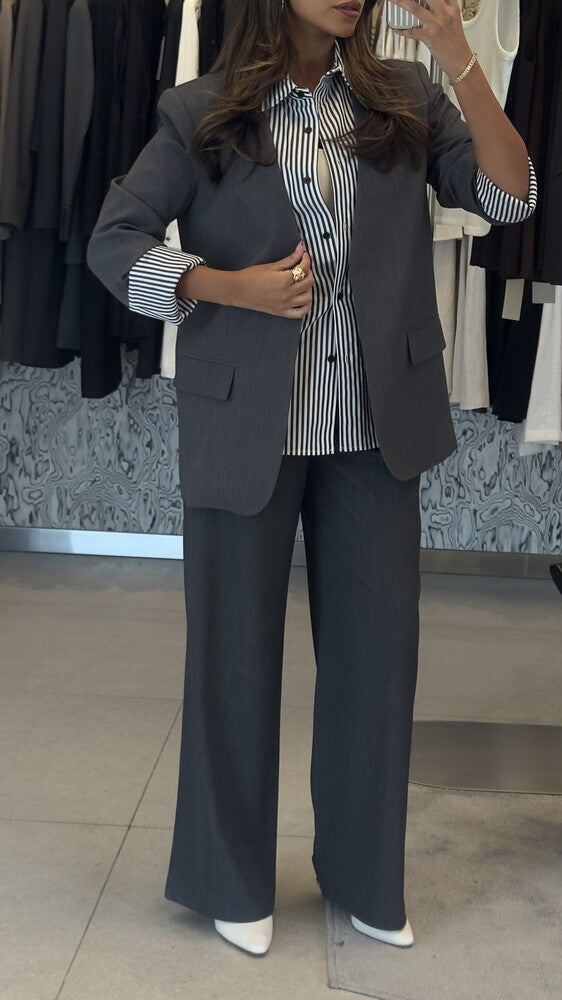 Striped Button Neck Blazer + Pants Set