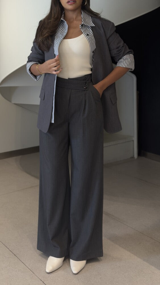 Striped Button Neck Blazer + Pants Set