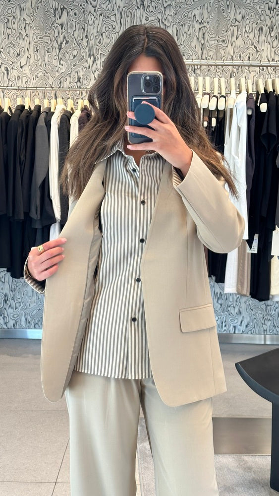 Striped Button Neck Blazer + Pants Set