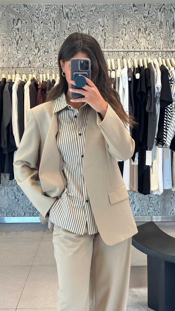 Striped Button Neck Blazer + Pants Set