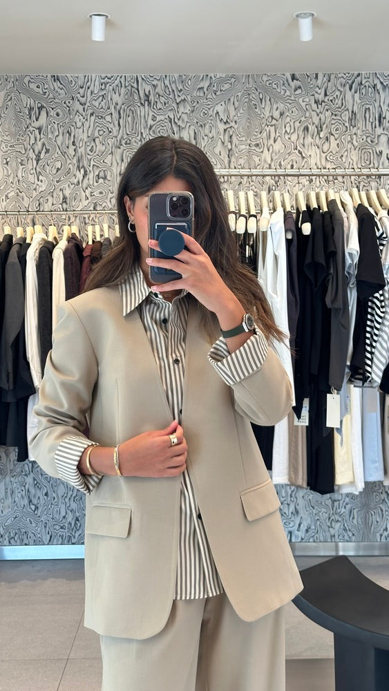 Striped Button Neck Blazer + Pants Set