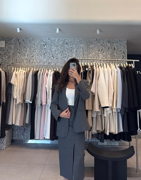 Single Button Blazer + Front Slit Skirt Set