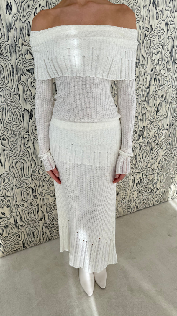 Ribbed Off Shoulder + Skirt Set