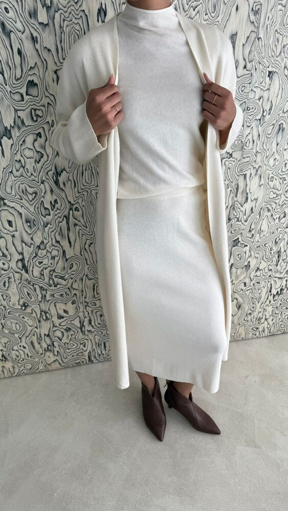 3 Piece Mock Neck Top Cardigan + Skirt