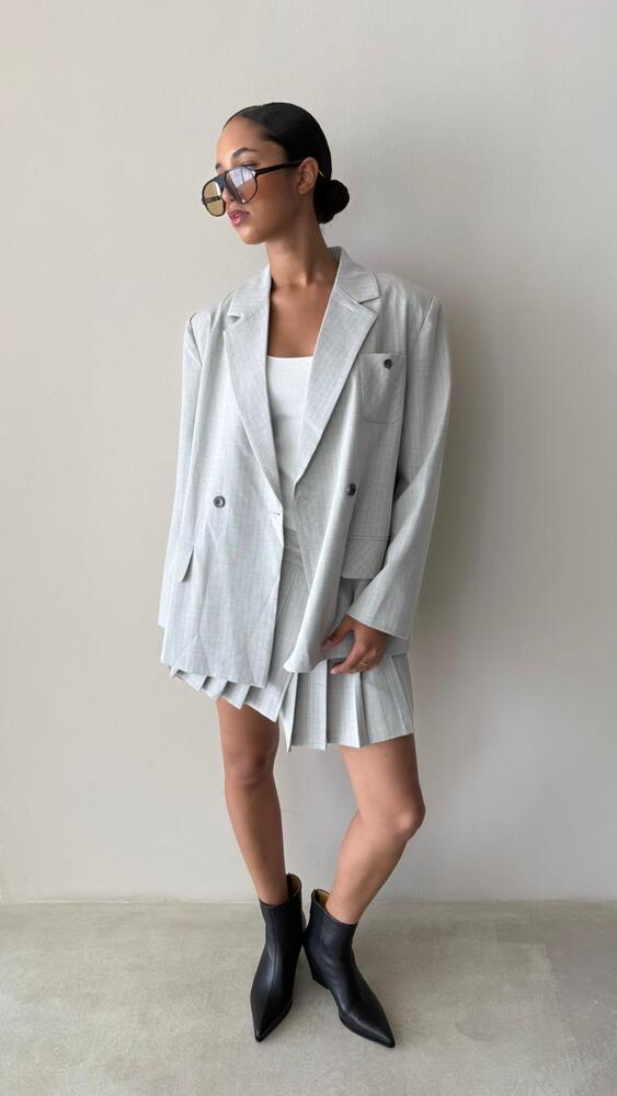 Striped Double Breasted Blazer + Pleated Skirt