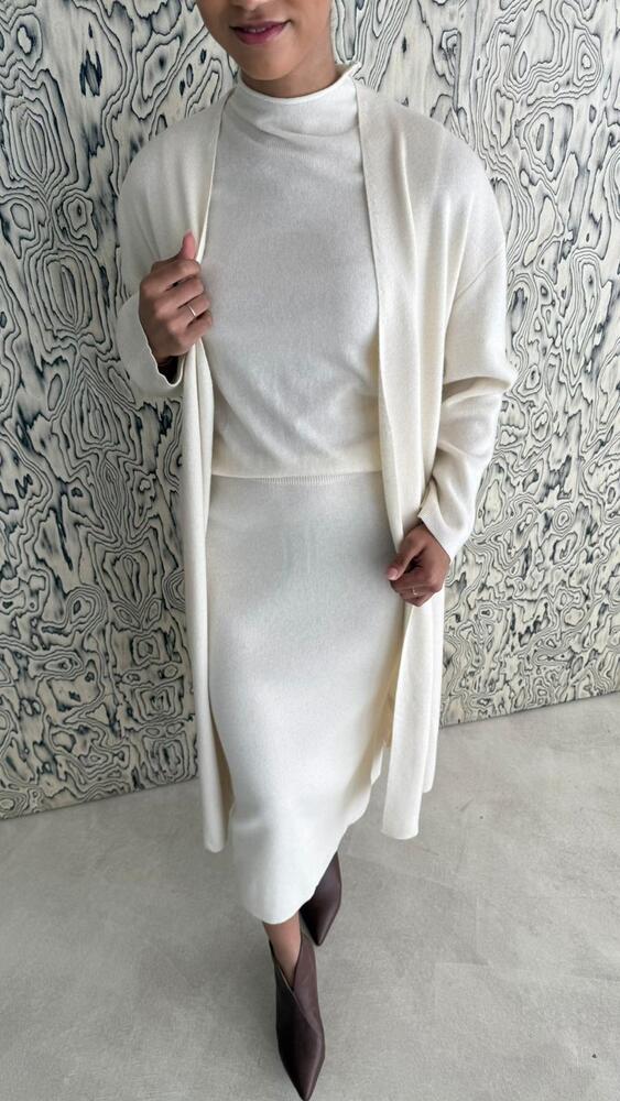 3 Piece Mock Neck Top Cardigan + Skirt