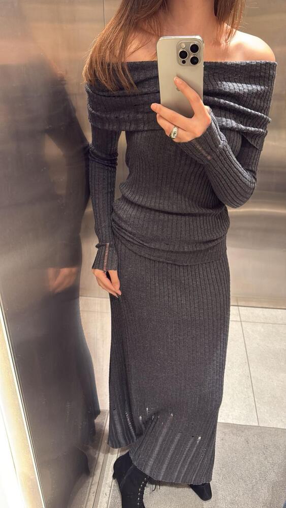 Ribbed Off Shoulder + Skirt Set