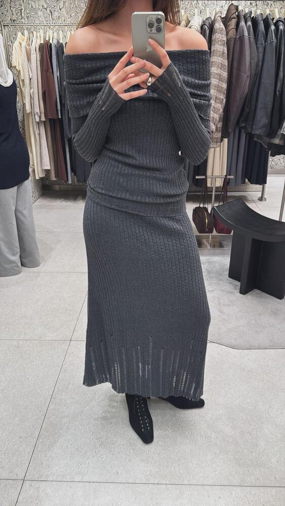 Ribbed Off Shoulder + Skirt Set