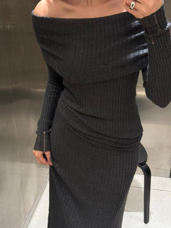 Ribbed Off Shoulder + Skirt Set