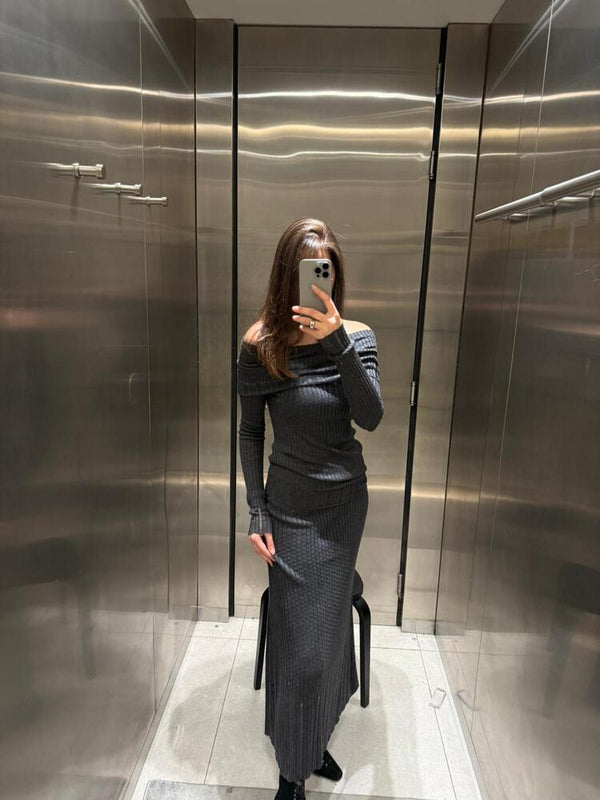 Ribbed Off Shoulder + Skirt Set