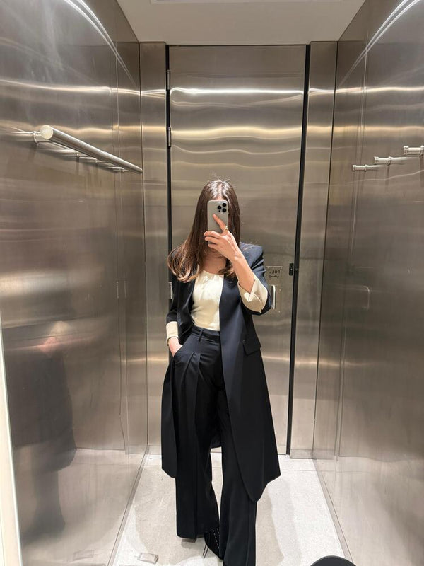 V-Neck Long Coat  + Pants Set