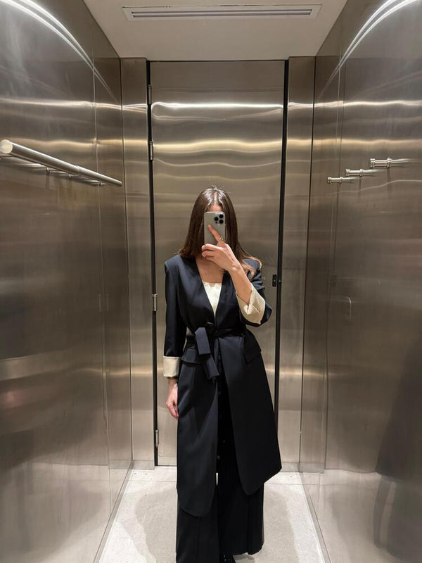 V-Neck Long Coat  + Pants Set