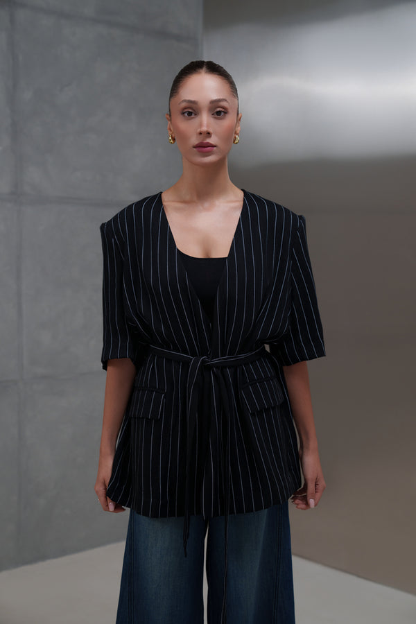 Stripped Belted Blazer
