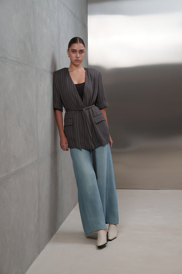 Stripped Belted Blazer