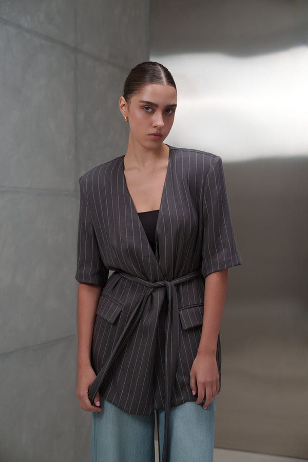 Stripped Belted Blazer