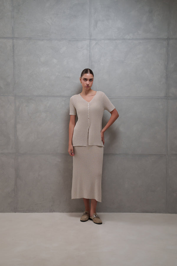 Knitted V-Neck Shirt and Skirt Set