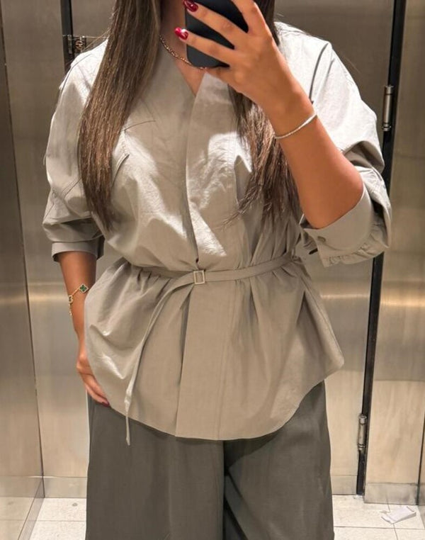 V Neckline Belted Shirt