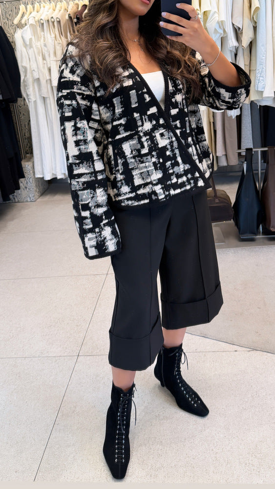 Black & White Patterned Open Front Blazer