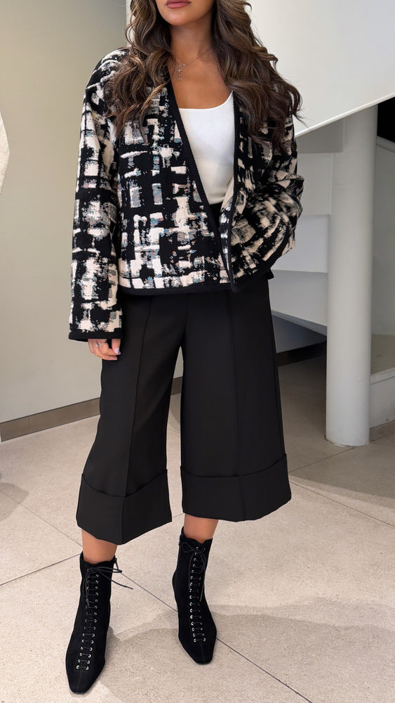 Black & White Patterned Open Front Blazer