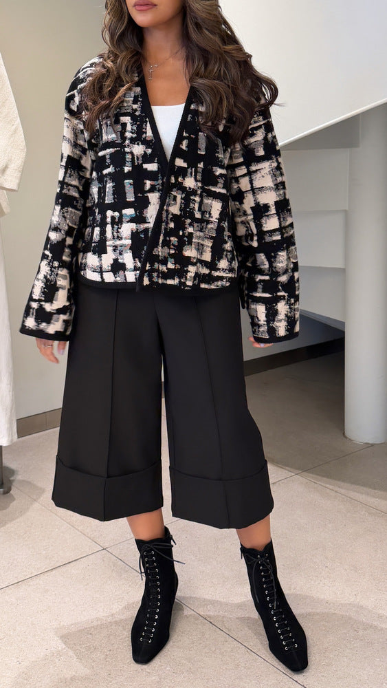 Black & White Patterned Open Front Blazer