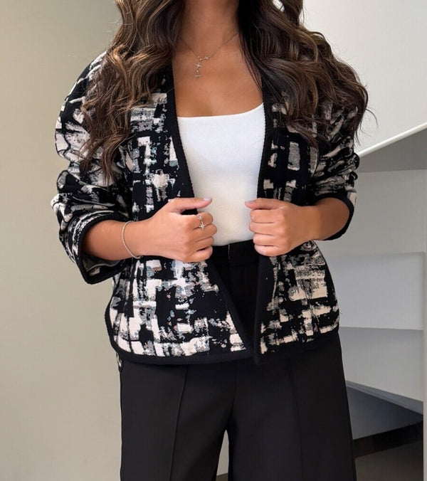Black & White Patterned Open Front Blazer