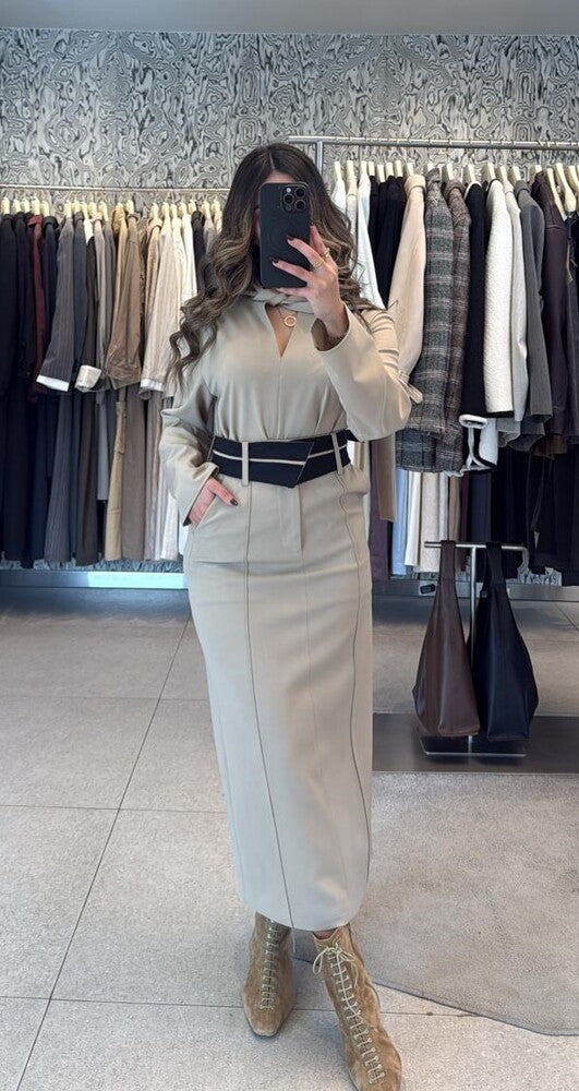 Collarless Tie Blouse + Skirt Set