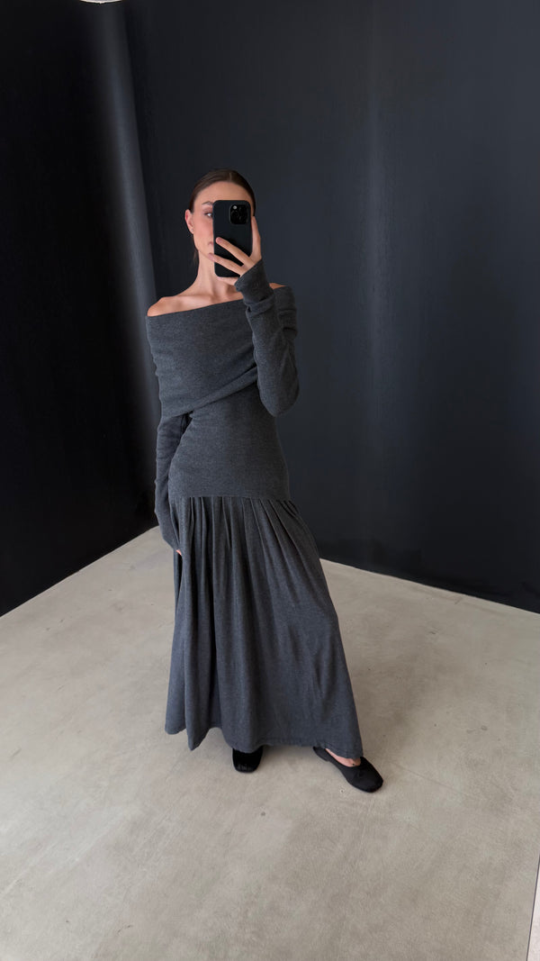 Off Shoulder + Pleated Skirt