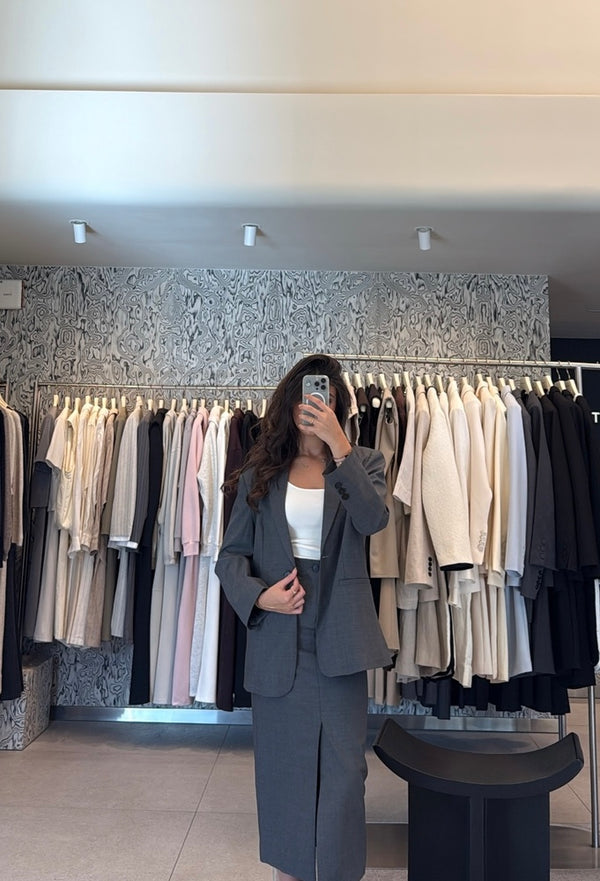 Single Button Blazer + Front Slit Skirt Set