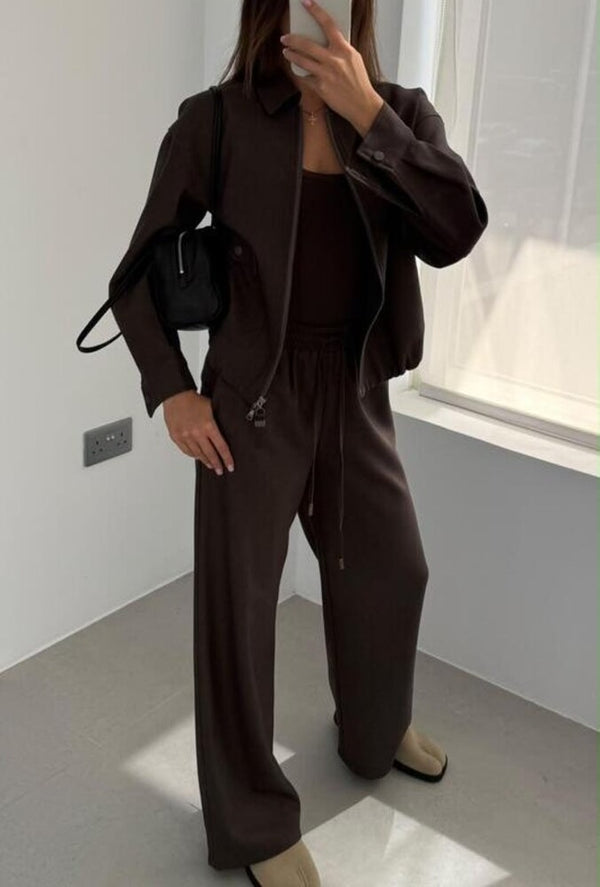 Brown Zip-Up Jacket + Pants Set