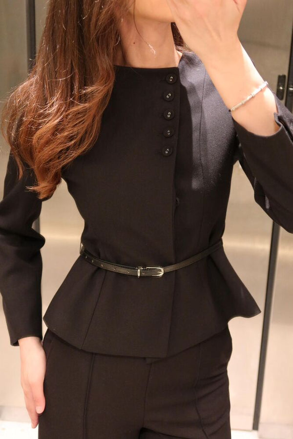 Belted Collarless Blazer + Pants Set