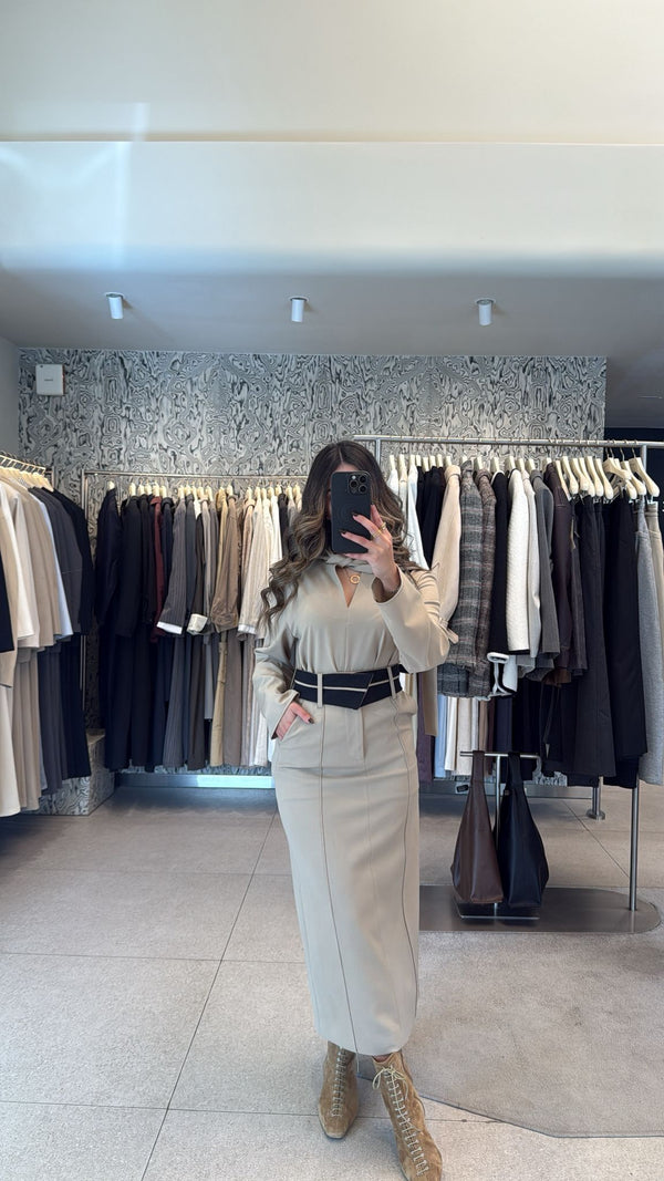 Collarless Tie Blouse + Skirt Set