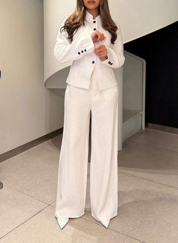 Linen Round Neck Blazer + Pants Set