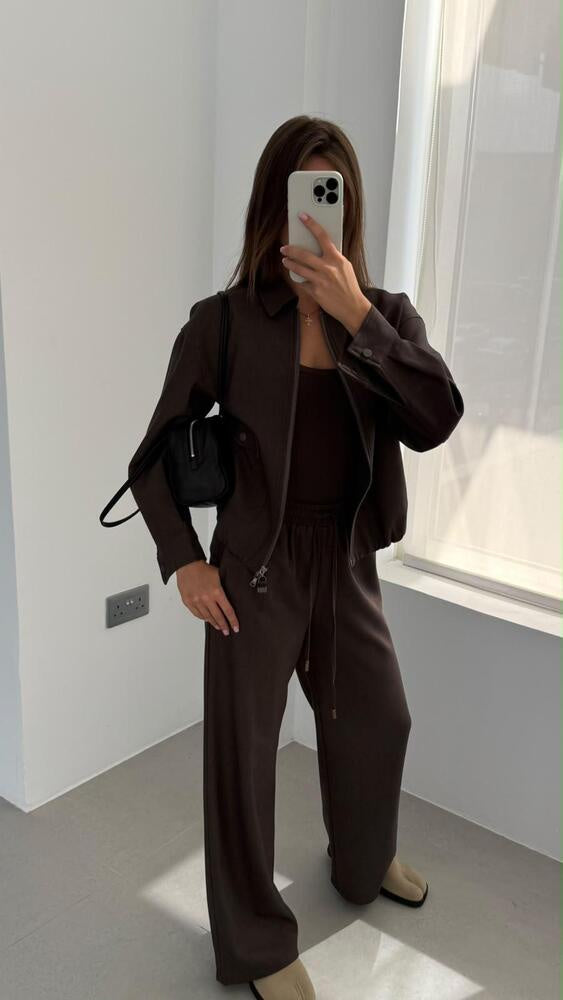 Brown Zip-Up Jacket + Pants Set