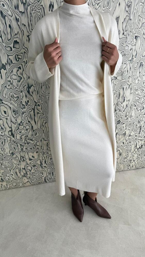 3 Piece Mock Neck Top Cardigan + Skirt