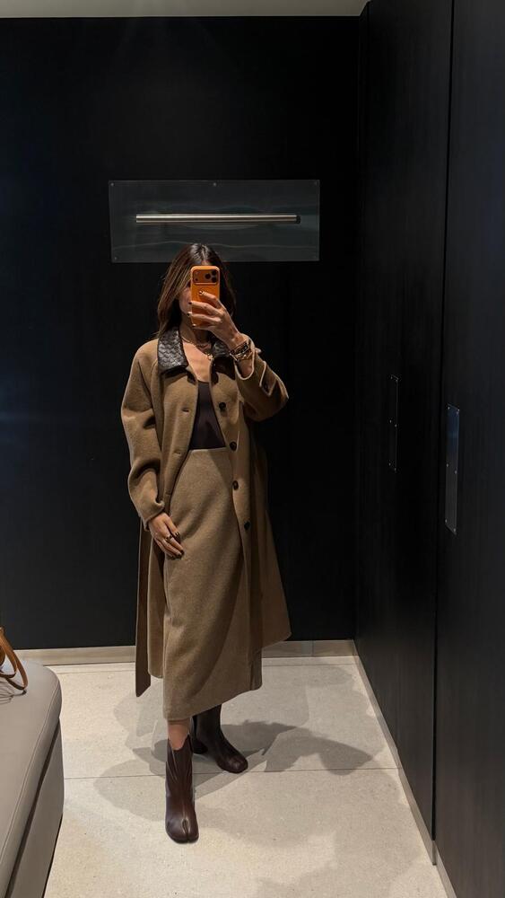 Leather Collar Long Coat