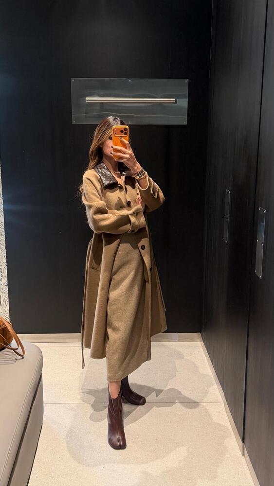 Leather Collar Long Coat