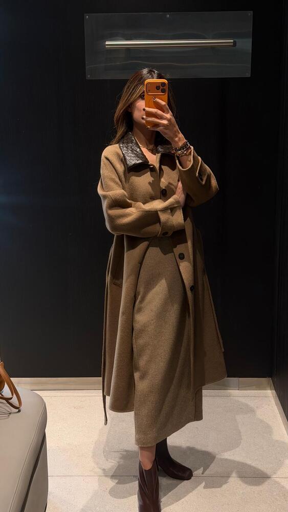 Leather Collar Long Coat