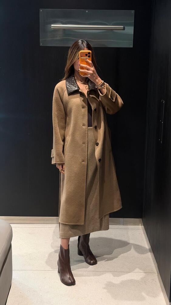 Leather Collar Long Coat