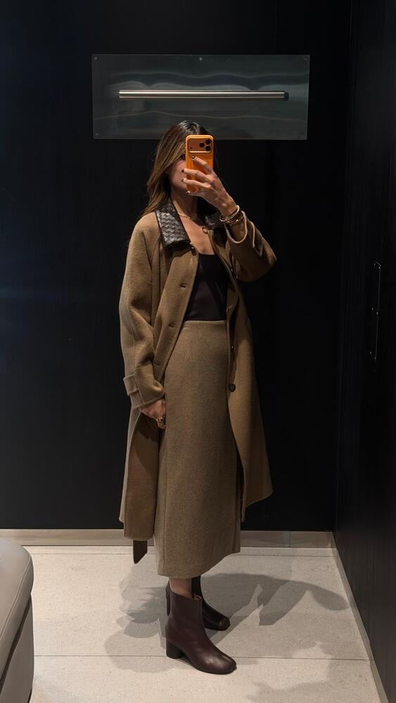 Leather Collar Long Coat