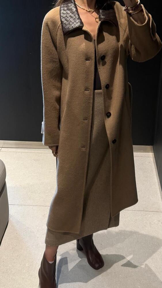 Leather Collar Long Coat