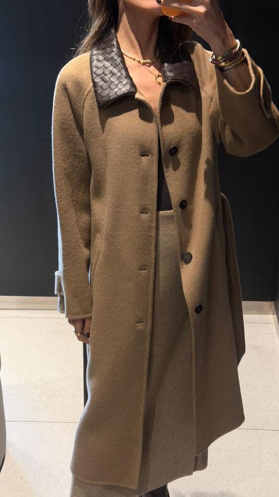 Leather Collar Long Coat
