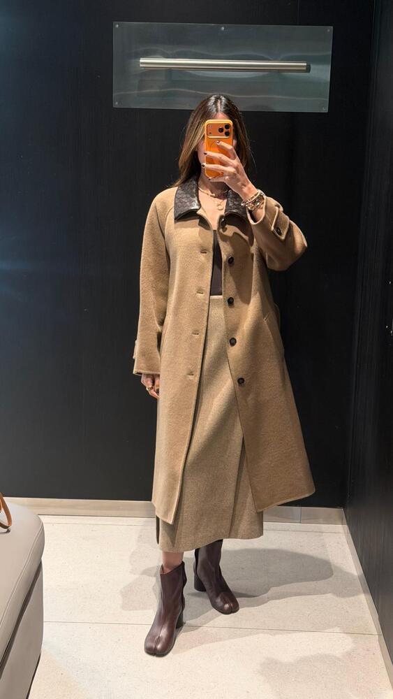 Leather Collar Long Coat