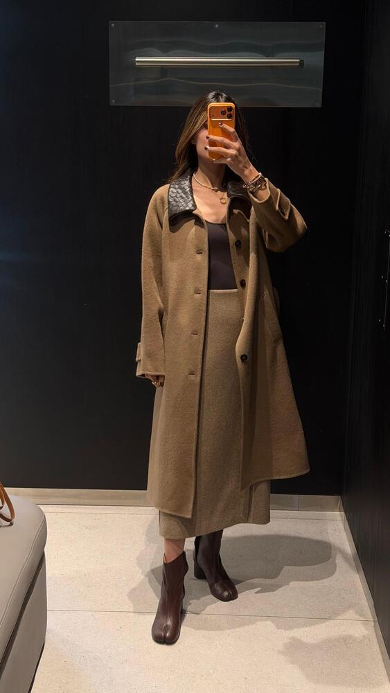 Leather Collar Long Coat