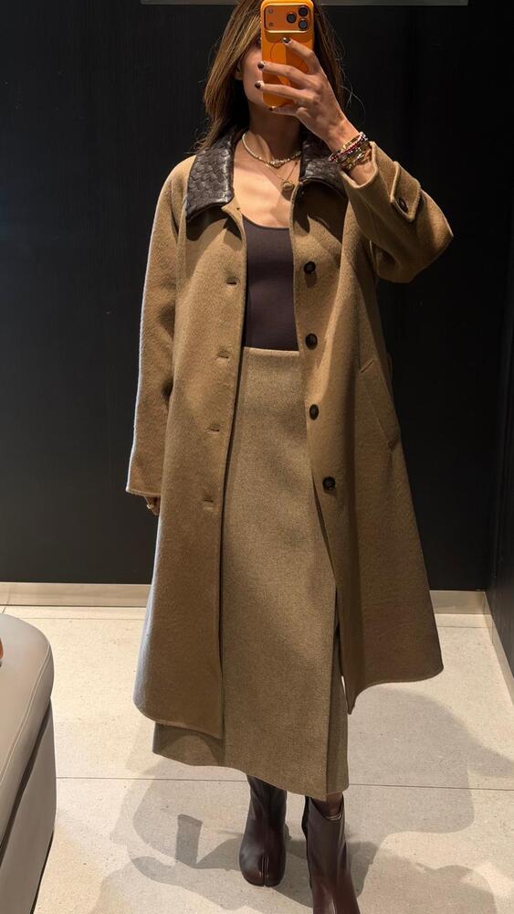 Leather Collar Long Coat