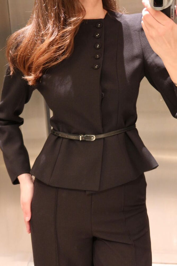 Belted Collarless Blazer + Pants Set