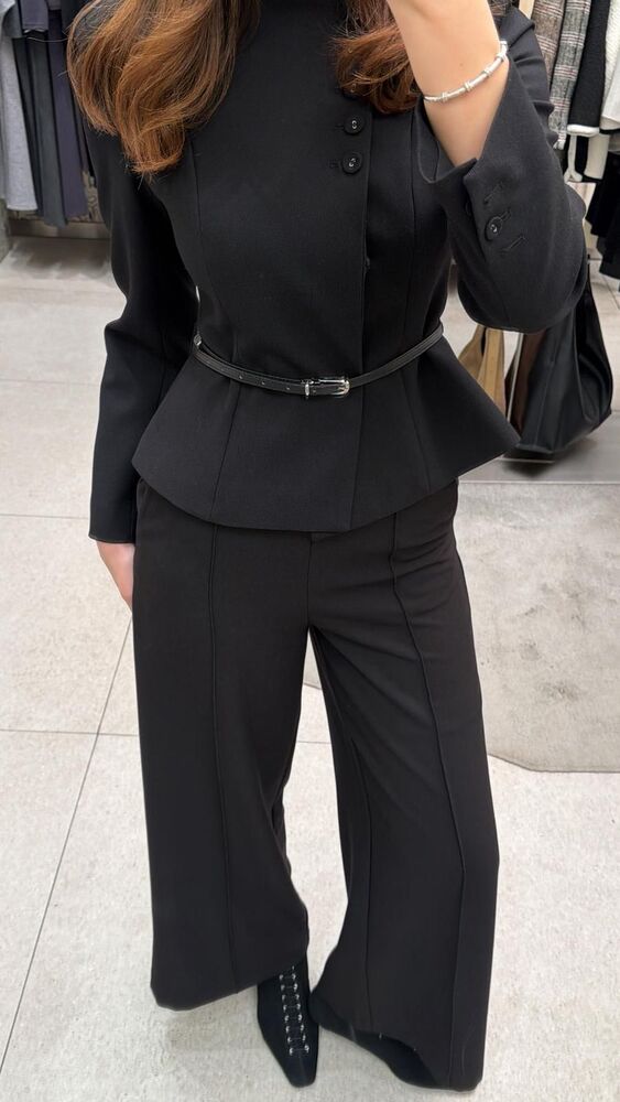 Belted Collarless Blazer + Pants Set